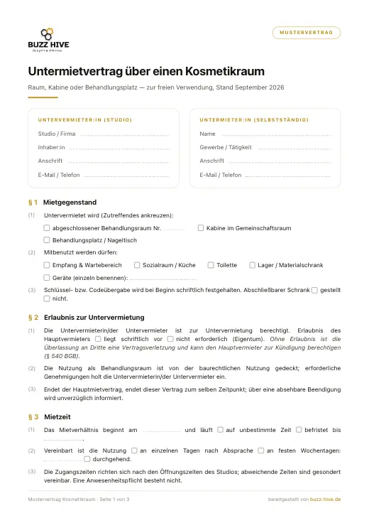 Erste Seite des Untermietvertrags für den Kosmetikraum