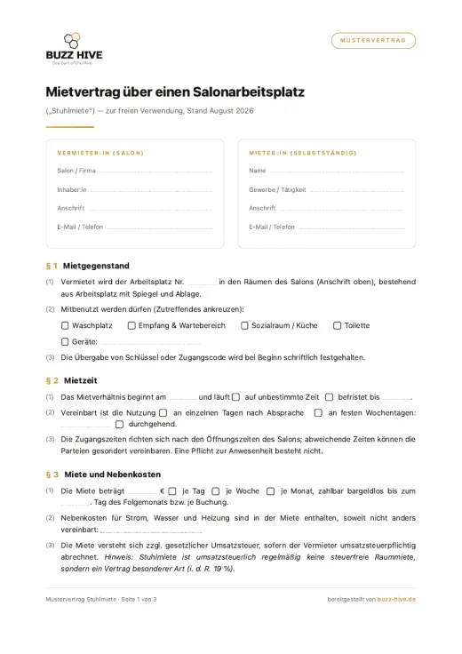 Erste Seite des Stuhlmiete-Mustervertrags